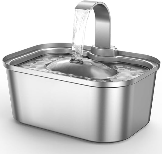 Bobo&Dragon Automatic Stainless Steel Cat Water Fountain Indoor with Quiet Pump & Built-in Filter - 124oz/3.5L Cat & Dog Water Dispenser, Easy Clean Waterfall Design Metal Dish Bowl