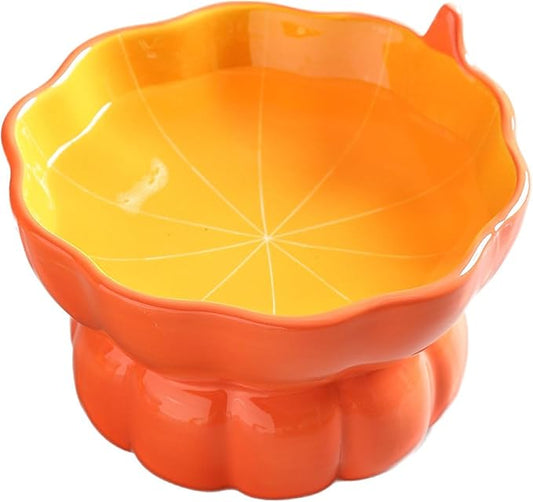 Cute Pumpkin Shaped Bowl, Ceramic Raised Cat Bowl for Food or Water, Anti Vomiting & Whisker Friendly, 9 oz Small Elevated Cat Dish for Indoor Flat Faced Cats and Kitten