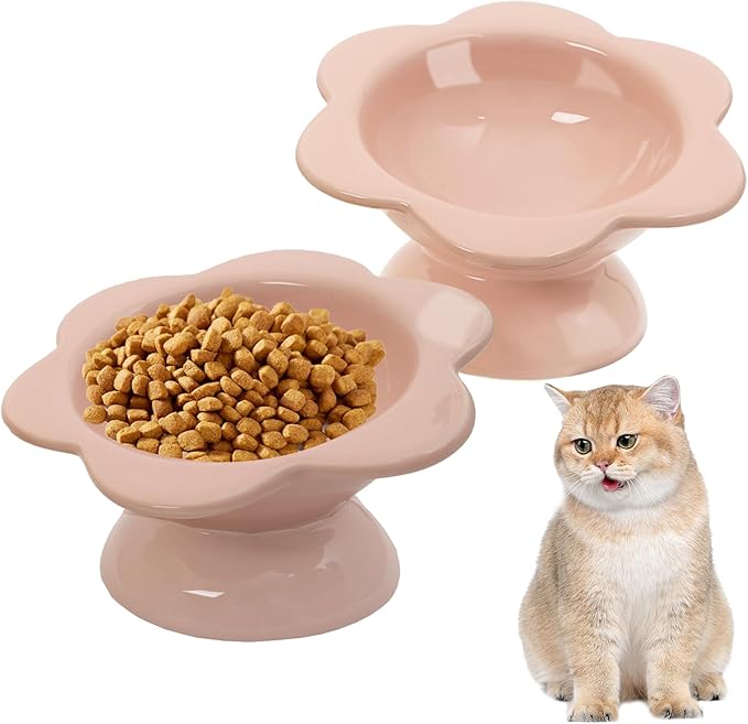 2 Pcs Ceramic Raised Cat Bowls Flower Raised Cat Food Bowls 7 oz Tilted Elevated Cat Food Bowl Cat Dishes for Anti Vomiting Protecting Spine Pet Feeder Bowl Water Bowl for Cat Kitten (Pink)