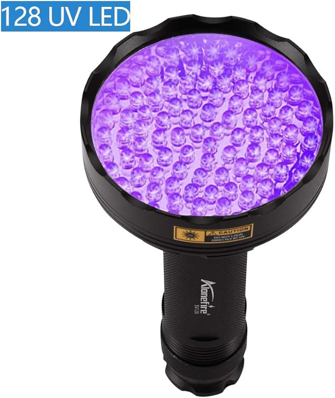 Alonefire SV128 395nm UV Flashlight 128 LEDs Woods Lamp Ultraviolet Black Light for Pet Urine Detection, Scorpion Detection, Dry Stain, Bedroom, Fishing with UV Protective Glasses, 6PCS AA Battery