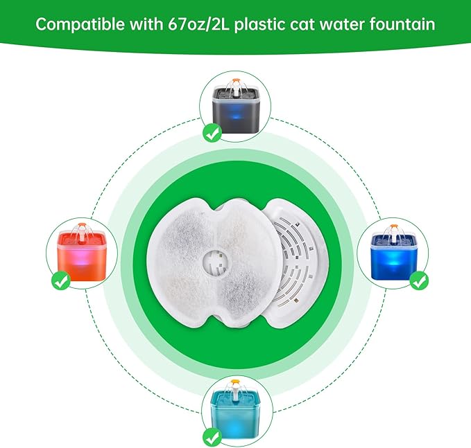 4 Packs Cat Water Fountain Filters for Ultra Silent Cat Fountain 67oz/2L with LED Night Light, Triple Filtration System Activated Carbon Filter with Pre-Filter Sponges for Pet Water Fountain