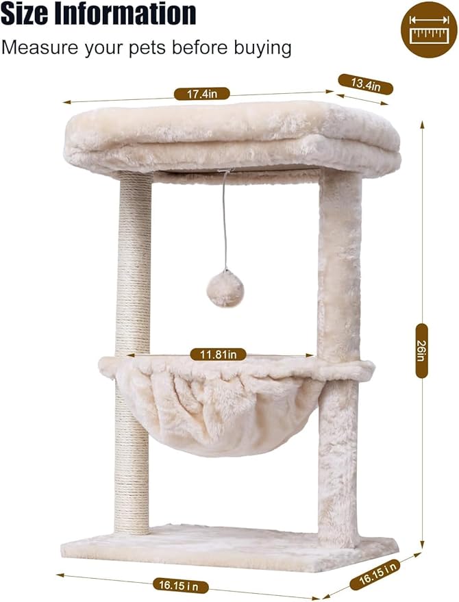 SYANDLVY Small Cat Tree for Indoor Cats, Activity Cat Tower with Scratching Post for Kittens, Cat Furniture with Basket & Hanging Ball for Play Rest, Beige