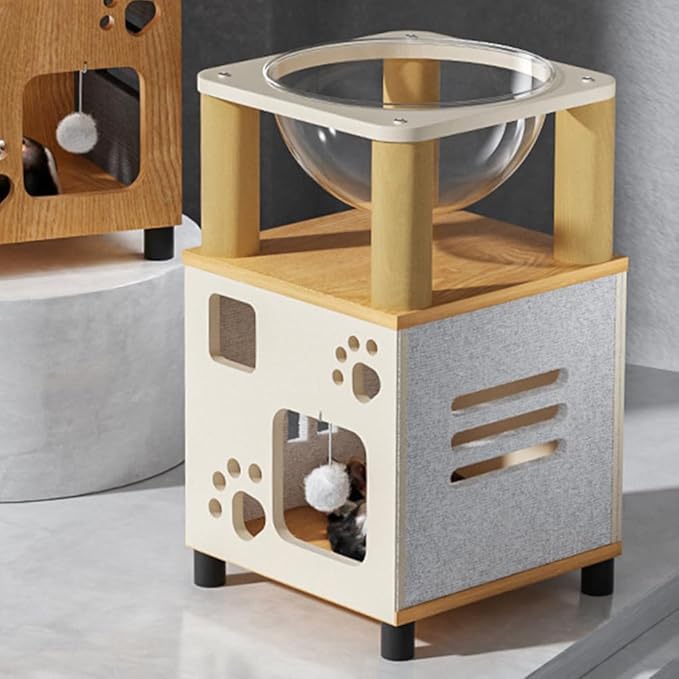 Pet Sleeping House Wooden,Cat Scratcher Box House,Log Color and White Large Cat Shelter,Wooden Box Pet House (Height, 23.62in)