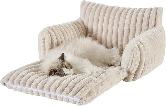 Hollypet Cat Bed Fluffy Plush Mutifuctional Double-Layer Soft Pet Couch Orthopedic Sofa Nest Beds for Small Cats and Dogs, Cream (25x20x13 inch)