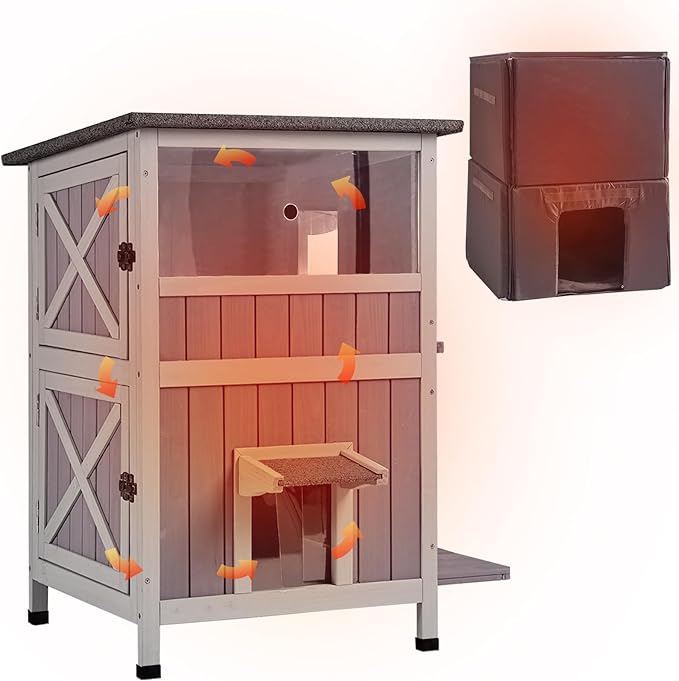 Aivituvin Outdoor Cat House with Insulated Liner - Weatherproof Winter Shelter for Feral Cats, 2-Level Outdoor Enclosure with Escape Door