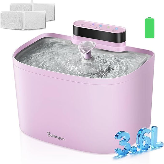 Cat Water Fountain, 122oz/3.6L Pumpless Cat Fountain, Cordless Water Fountains for Cats Indoor, Dog Pet Water Fountain Battery Operated with Stainless Steel Tray (Pink, Fountain+2 Fliters)