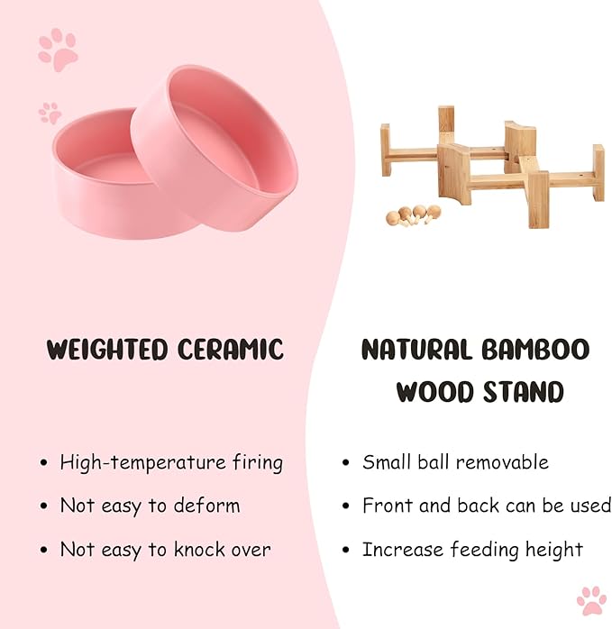 SPUNKYJUNKY 15° Slanted Ceramic Dog and Cat Bowl with Wooden Stand, Tilted Bulldog Food and Water Bowl No Slip Non-Spill for Cats Medium Dogs Big Face Pets 13.5 OZ (1.7 Cups, Pink × 2)