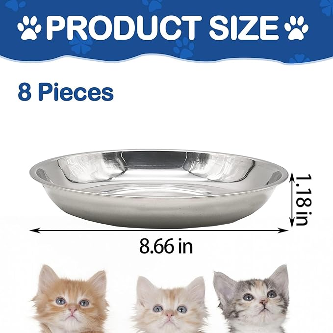 kathson 8 Pcs Stainless Steel Cat Food Bowls, Replacement Whisker Relief Cat Metal Dishes, Shallow Wide Cat&Dog Food and Water Bowl Suitable for Pet Feeding Stand, Dishwasher Safe (8.66 Inch Dia.)