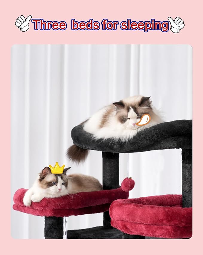 Cat Tree for Indoor Cats Large Adult, 74" Cat Tower for with 3 Big Platforms, 2 Baskets, 2 Condos, Multi-Level Cat Scratching Posts, Black and Red GCT030BR