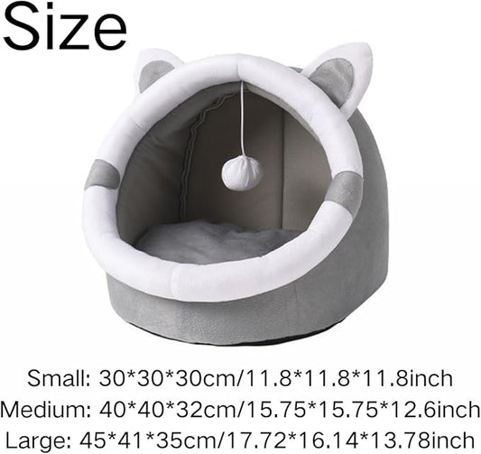Cat Bed Cave with Removable Cushion, Indoor Pets Plush House Bed with Pompom for Small Dogs Cats Kitten Puppy Rabbits (Grey,M)