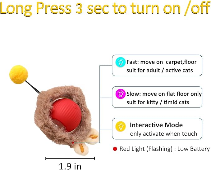 Interactive Cat Toy Ball for Indoor Cats, 2025 New Fast Self Rolling Ball Cat Toy on Carpet, Smart Interactive Automatic Cat Toy Ball for Gifts for Indoor Cats, Moving Cat Toy Ball-Plush Style(Red)