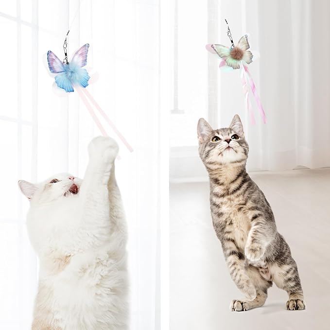 SONGWAY Cat Butterfly Toys Wand - 7 Pieces Cat Toy Set, Retractable Cat Wand with 6 Butterfly Cat Toys Replacement with Bells, Interactive Cat Toys for Indoor Cats Kittens