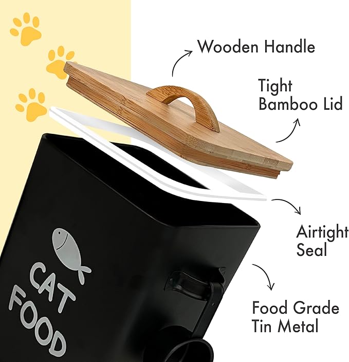 Calindiana Airtight Cat Food Storage Container with Bamboo Lid & Scoop – Farmhouse Cat Food Organizer, Gifts for Cat Lovers (Matte Black)