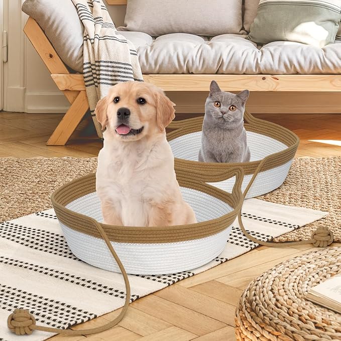 Cotton Rope Woven Cat Bed, Pet Sleeping Bed with a Playing Rope Ball, Foldable Sleeping Basket for Cats, Puppies, Rabbits and Small Pets (Large, Brown & Beige)