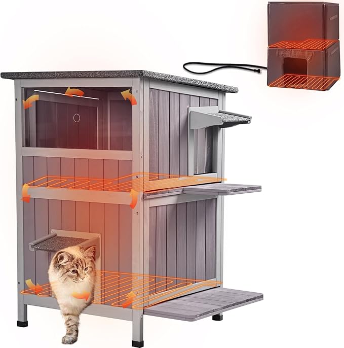 GUTINNEEN Heated Outdoor Cat House Insulated Weatherproof Outside Feral Cat Shelter for Winter with Heater and Insulated Liner Two Story, 28" L x 23" D x 34.4" H