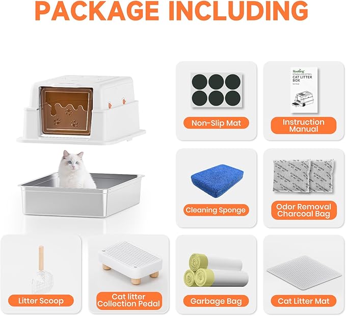 Stainless Steel Litter Box with Lid, 28" Extra Large Cat Litter Pan, Enclosed Metal Litter Box with Litter Scoop & Filter Pedal, Anti-Leakage, Odor Free, Non-Sticky, Anti-Leakage, Easy Cleaning