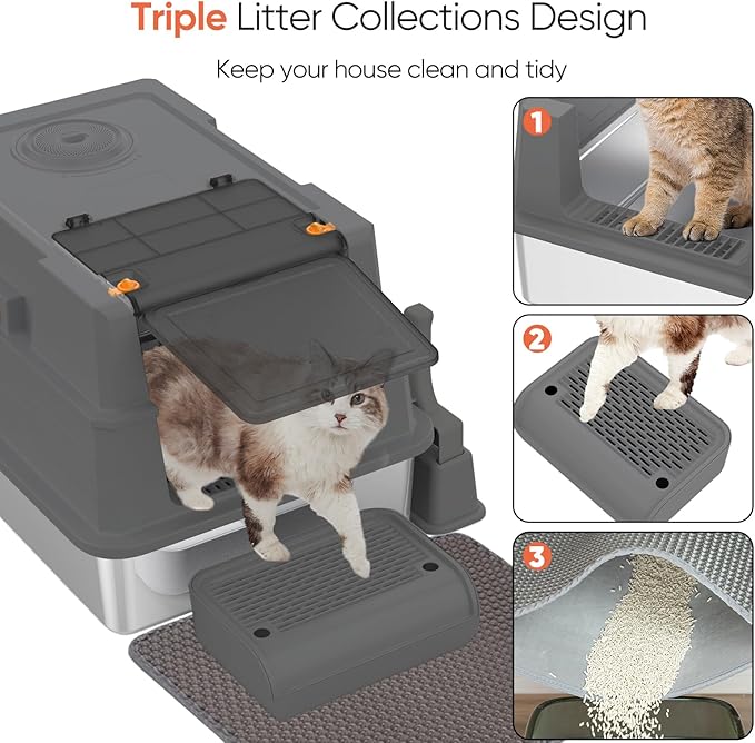 XXXL Stainless Steel Litter Box with Lid,XXXL Enclosed Metal Cat Litter Box for Big Cats,Multiple Cats,with Litter Scoop & Foot Pedal & Litter Mat,Odor Control,Easy Cleaning