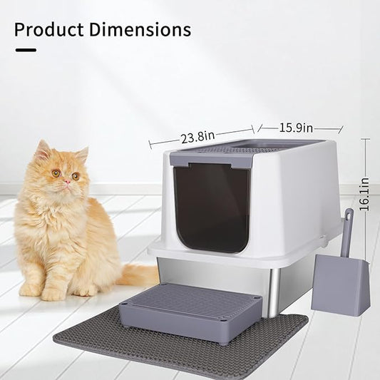 RIZZARI Stainless Steel Cat Litter Box, Odorless Enclosed Litter Box with Top Holes, Large Litter Pan for Small to Large Sized Cats (Light Gray, 23.8" L*15.9" W*16.1" H)
