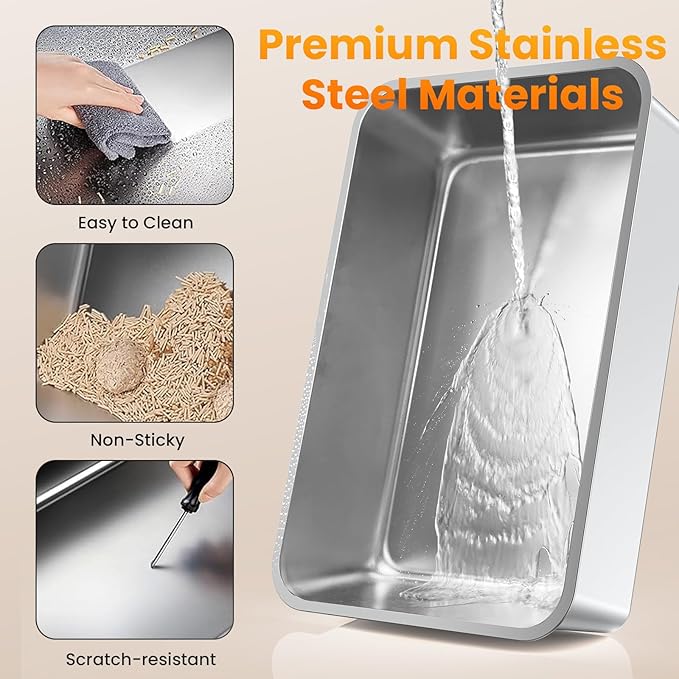 Stainless Steel Litter Box with Lid, 135° Flip-Top Extra Large Cat Litter Pan, Enclosed Metal Litter Box with Litter Scoop & Filter Pedal, Odor Free, Front & Top Dual Entry