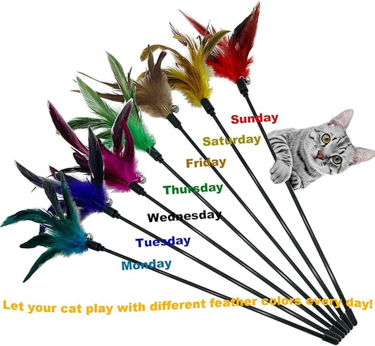 Cat Wand Toy Feather Stick Cat Toys, 7 Pieces Interactive Cat Toy Feathers Wand for Indoor Cats