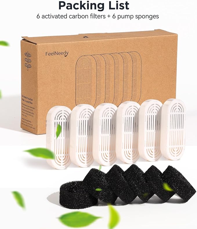 6 Pack Replacement Filters + 6 Pump Sponges for Feelneedy Cat Water Fountain [FN-W22] - 99oz/2.8L Pet Water Fountain Filters