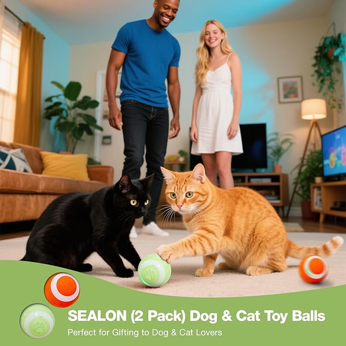 SEALON Electric Interactive Cat Toy Ball(2 Pack) Indoor Cat Play Ball, Suitable for Cats Over 6 Months for Exercise, Weight Loss, and Fun