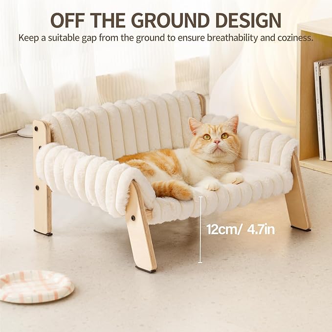 MEWOOFUN Cat Couch Bed, Pet Sofa for Indoor Cats Wooden Indoor Elevated Cat Beds with Removable Mattress Cover Suitable for Kitty, Puppy or Small Animal (Cream, Medium)