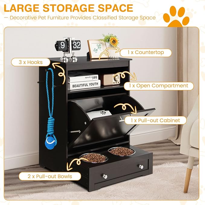 Tangkula Pet Feeder Station, Dog Food Storage Container With Double Pull Out Bowls, Food Toy Organizer Cabinet, Feeding Station Furniture for Dogs Cats Feeding & Watering Supplies (Brown)