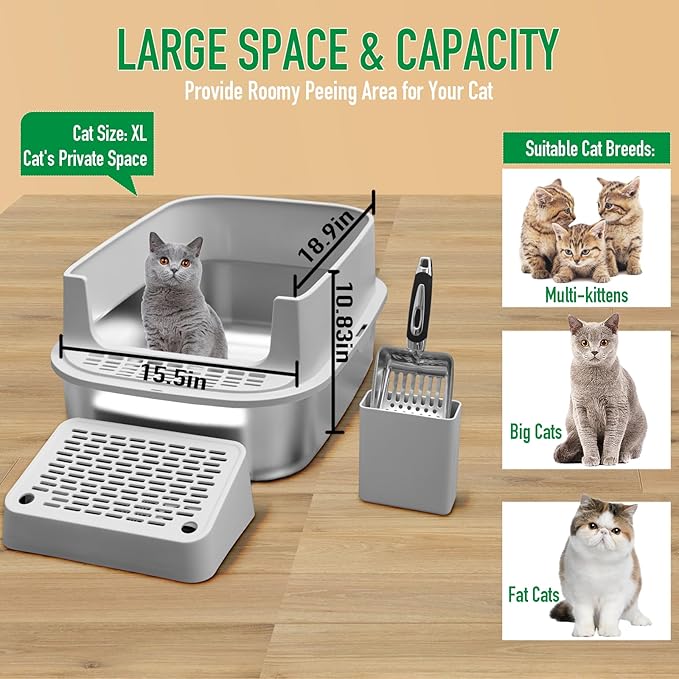 Stainless Steel Cat Litter with Lid, XL Extra Large Enclosed Cat Litter Box for Big Cats, High Sides Metal Litter Box, Anti Leakage,Odor-Free & Easy Cleaning,Include Scoop & Foot Board