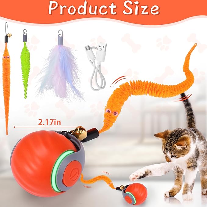 BABORUI Interactive Cat Toy Ball - Automatic Interactive Cat Toys for Indoor Cats with 3 Tails, 2 Speeds Rechargeable Enrichment Toys for Small/Medium/Large to Keep Them Busy (Orange)