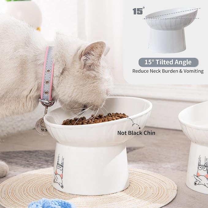 OMAYKEY 6.5 Inch Extra Wide Ceramic Raised Cat Bowls, Porcelain Tilted Elevated Cat Food Water Bowl Dish, Stress Free Pet Feeder Bowls Dishes for Elder Big Cats & Small Dogs, White - 2 Pack
