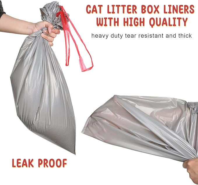 Tinlade 80 Count Jumbo Cat Litter Box Liners Large Drawstring Cat Litter Liners Bags Unscented Tear Resistant for Trash Waste to Keep Your Home Clean,39 x 22 Inch(Gray, Red)