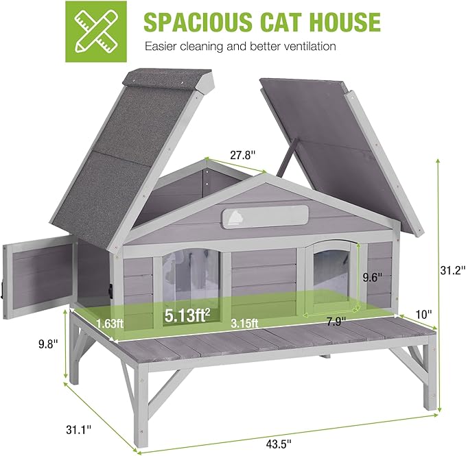 GUTINNEEN Outdoor Cat House for Winter Weatherproof Feral Cat Shelter with Large Porch Balcony Escape Doors