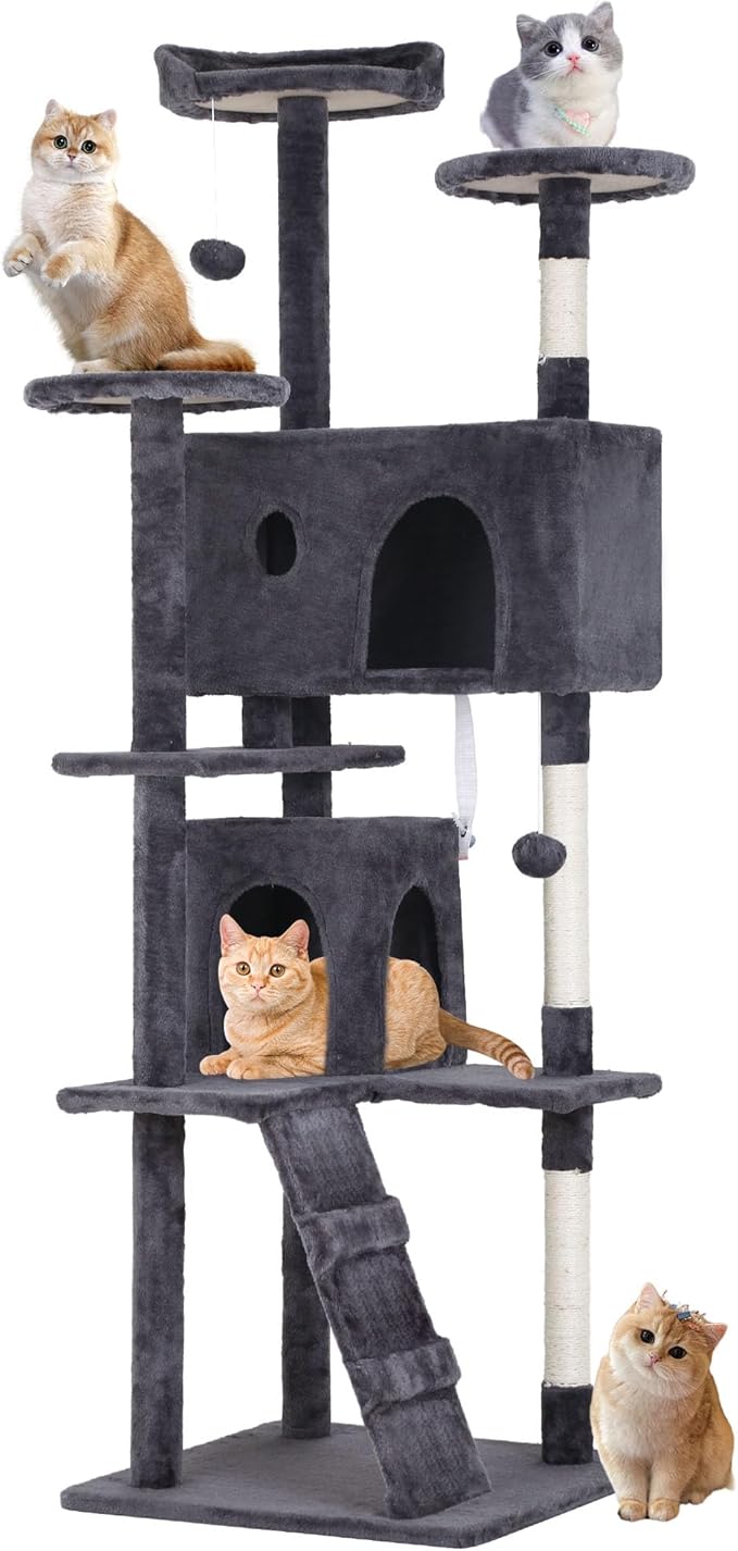BestPet 70in Cat Tree Tower for Indoor Cats,Multi-Level Cat Furniture Activity Center with Cat Scratching Posts Stand House Cat Condo with Funny Toys for Kittens Pet Play House,Ashy