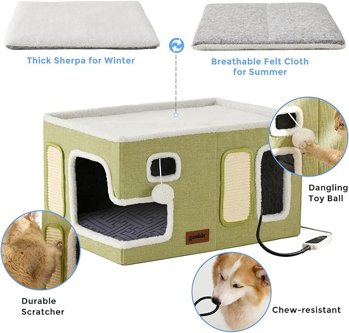 Heated Cat House for Indoor Cats - Large Cat Warming Bed for Winter with Fluffy Ball Hanging and Adjustable Heating Pad, Foldable Cat Hideaway,23x16.5x13 inches, Grey