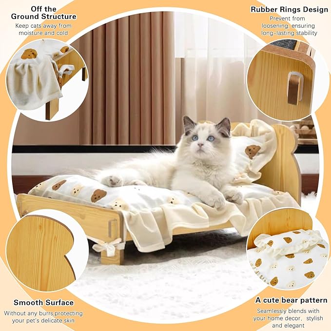 Elevated Cat Bed for Indoor Cats: Natural Wooden Cat Hammock Bed with Raised Legs Washable Mattress Pillow for Small Dogs Rabbit Bunny and Small Animals Holding 40 Lbs