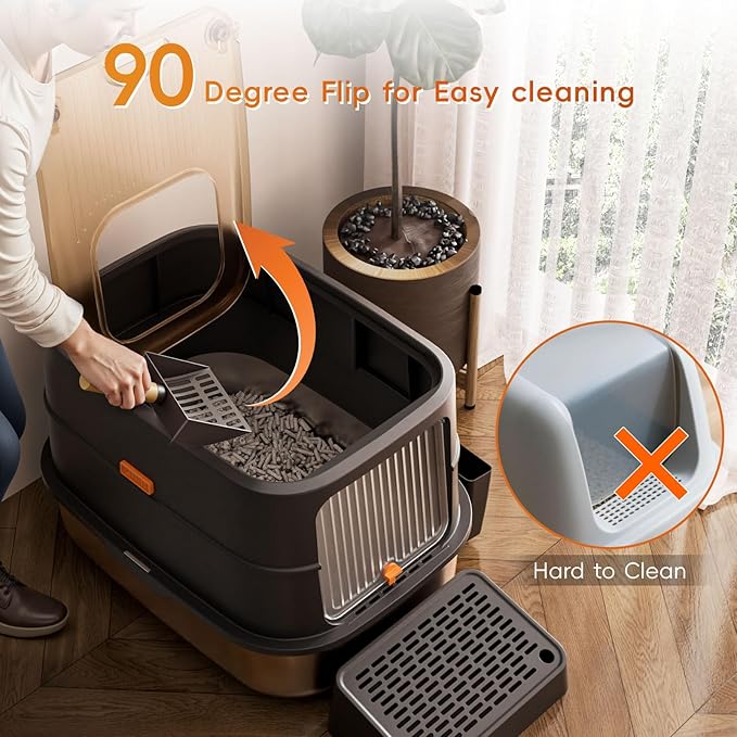 Stainless Steel Litter Box with Lid,90° Flip-Top Extra Large Cat Litter Box,Front Entry Top Exit Kitty LitterBox,Enclosed Metal Cat Box with Litter Scoop & Litter Mat,Anti-Leakage, Non-Sticky