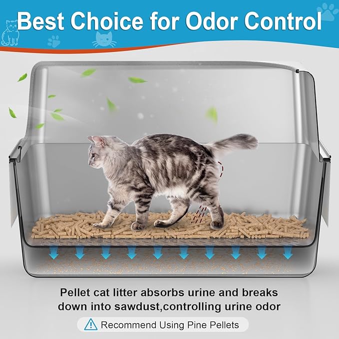 XXL All Stainless Steel Sifting Litter Box with Lid,Sifting Cat Litter Box for Wood Pine Pellets,High Sides Sifter Litter Pan System,Odor Control,Easy to Clean,with Liners and Scoop