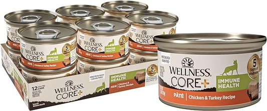 Wellness CORE+ Immune Health Pate Adult Wet Cat Food, Natural, Protein-Rich, Grain Free, 2.8 Ounce, 12 Pack (Chicken & Turkey)