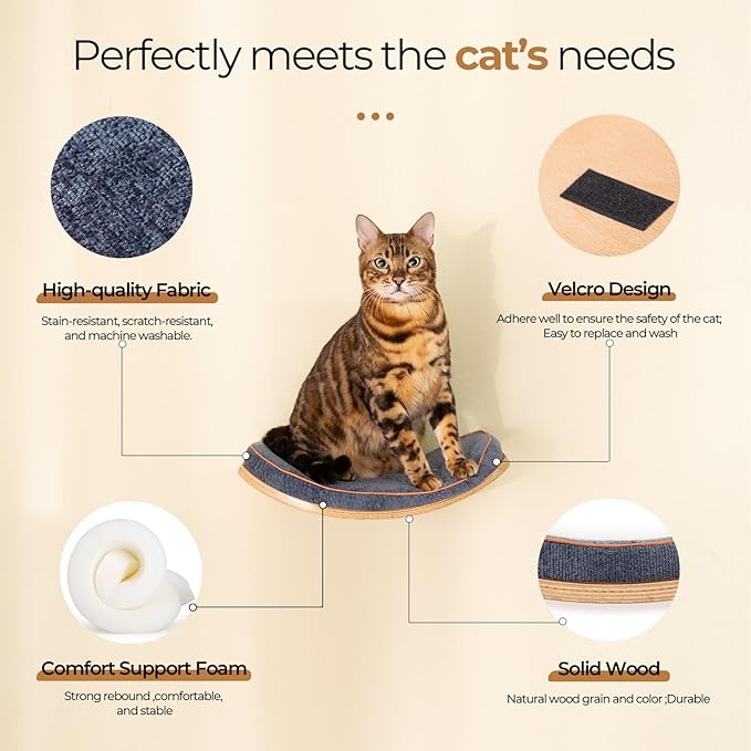 Cat Wall Shelves,Cat Wall Steps and Perch,Stairs,Ladders,Nest,Bed,Modern Wooden Floating Climbing Furniture for Hopping and Sleeping,with Scratching Cushion（Perch）