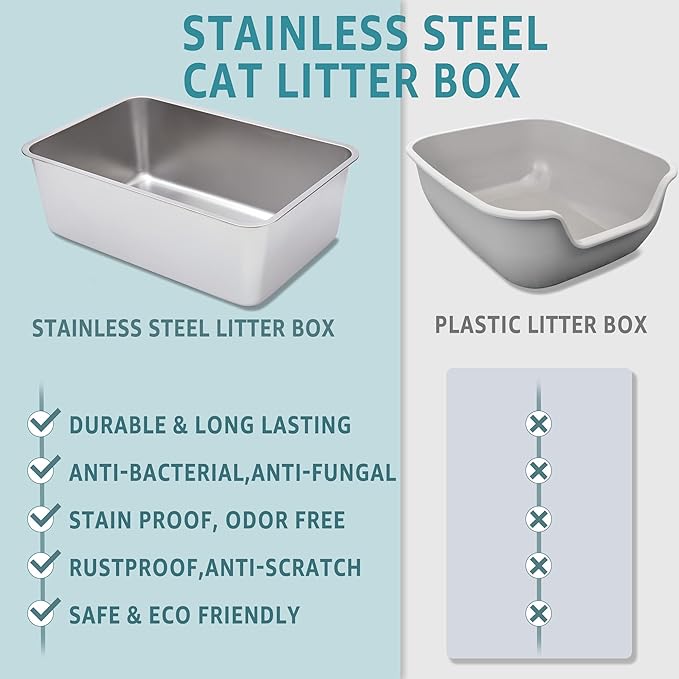 Stainless Steel Litter Box 2 Pack,Metal Litter Box for Cat Easy to Clean,Medium Cat LitterBox for Cats/Kitty/Rabbit,Metal Cat Toilet for Kitten,Non Stick, No Smell,17.7" L x 13.8" W x 6" H