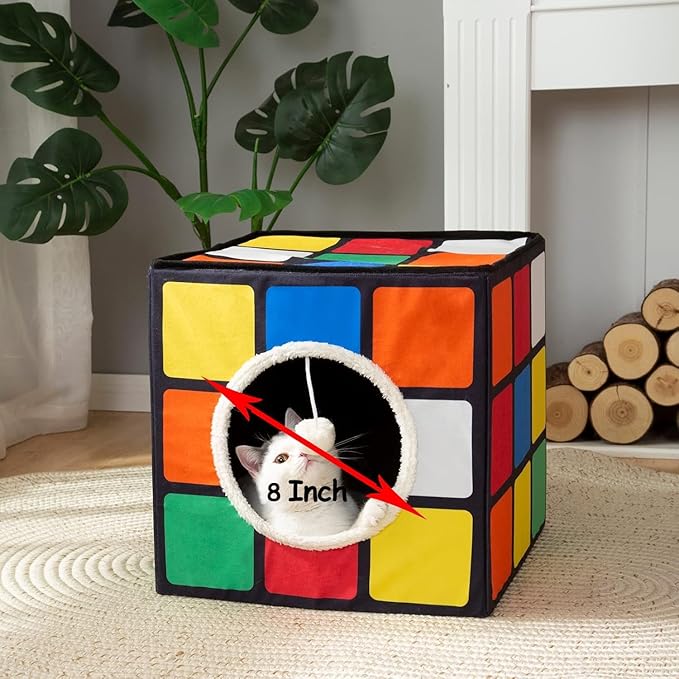 LUCKITTY Cat Condo House with Reversible Cushions and Fluffy Ball Hanging, Foldable Magic Cube, Large Cave Bed for Indoor Cats, Unique Puzzle Shape 15.7“ x 15.7" x 13.4”