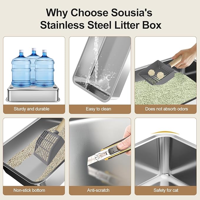 Sousia Stainless Steel Litter Box - Cat Litter Box Enclosure with Lid, High Side Large Cat Litter Tray Easy Cleaning Anti-Leakage with Litter Scoop and High Wall Sides Enclosure for Big Cats