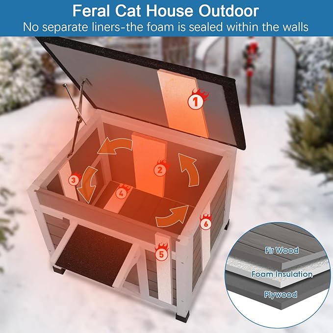 Outdoor Cat House Insulated Feral Cat Shelter Weatherproof Outside Cat Enclosure for Winter Gray