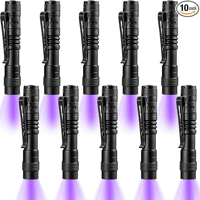 Beieverluck 10 Pack UV Black Light Flashlight Mini 395nm Pen Light with Clip LED Handheld Blacklight Detector for Leak Pet Urine Hotel Inspection Dry Stain and Bed Bug, Small