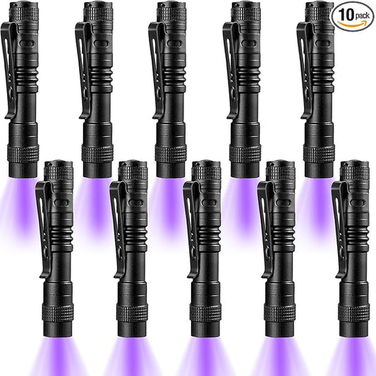 Beieverluck 10 Pack UV Black Light Flashlight Mini 395nm Pen Light with Clip LED Handheld Blacklight Detector for Leak Pet Urine Hotel Inspection Dry Stain and Bed Bug, Small