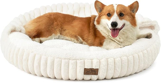 Dog Bed with Hooded Blanket, Round Fluffy Anti-Anxiety Pet Bed for Medium Dogs & Large Dogs, Cozy Donut Cuddler with Machine Washable Faux Fur & Anti-Slip Bottom(35"×35"×7",Cream)