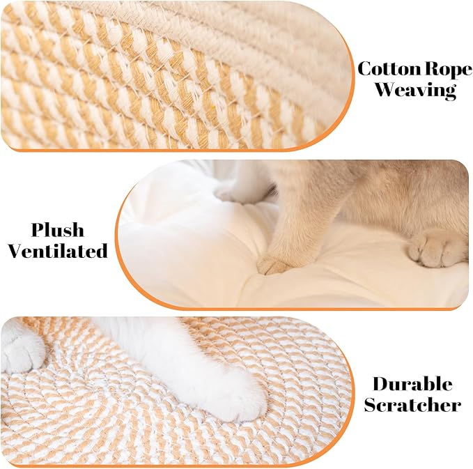 Cat Bed Basket with Cushion, Cute Pet Bed for Indoor Cats Couch, Kitten Bed for Medium and Large Cat, All Season Universal (White)