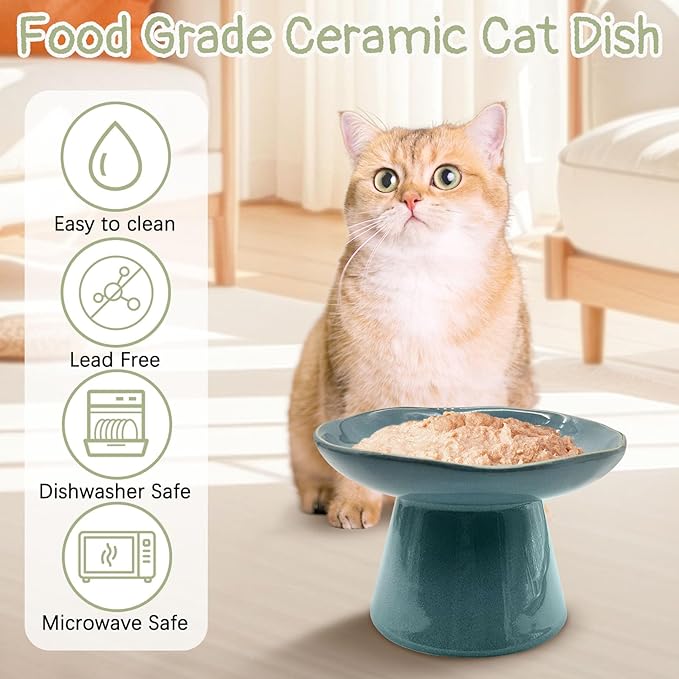 VCEPJH Raised Cat Food Bowls Shallow Cat Plate Ceramic Elevated Cats Dish 6.1in Flat Anti Whisker Fatigue Wide Pet Food & Water Feeder for Indoor Kitty Kitten (Blue)