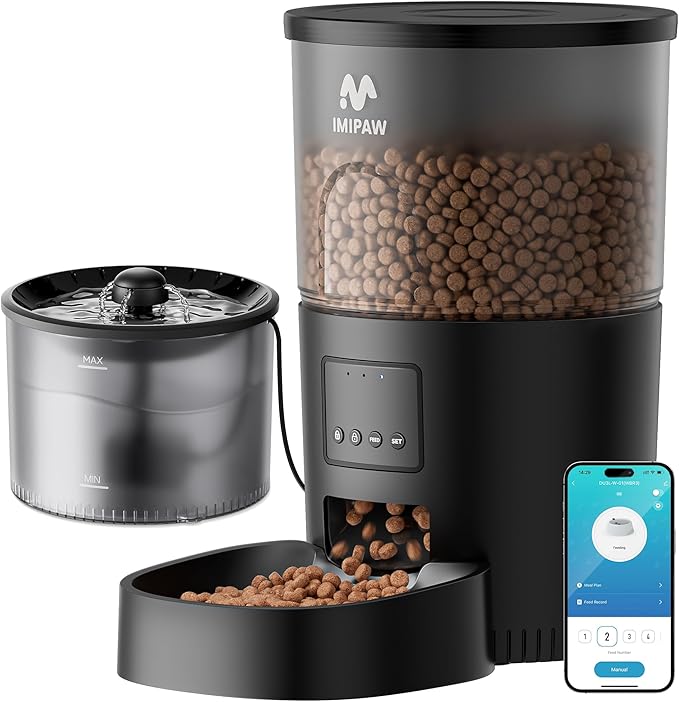 Automatic Cat Feeder WiFi and Water Dispenser, Timed Dry Food Dispenser APP Remote Control, Programmable Portions, Cat Fountains for Drinking with Filter, Small Pets (Combo 3L)